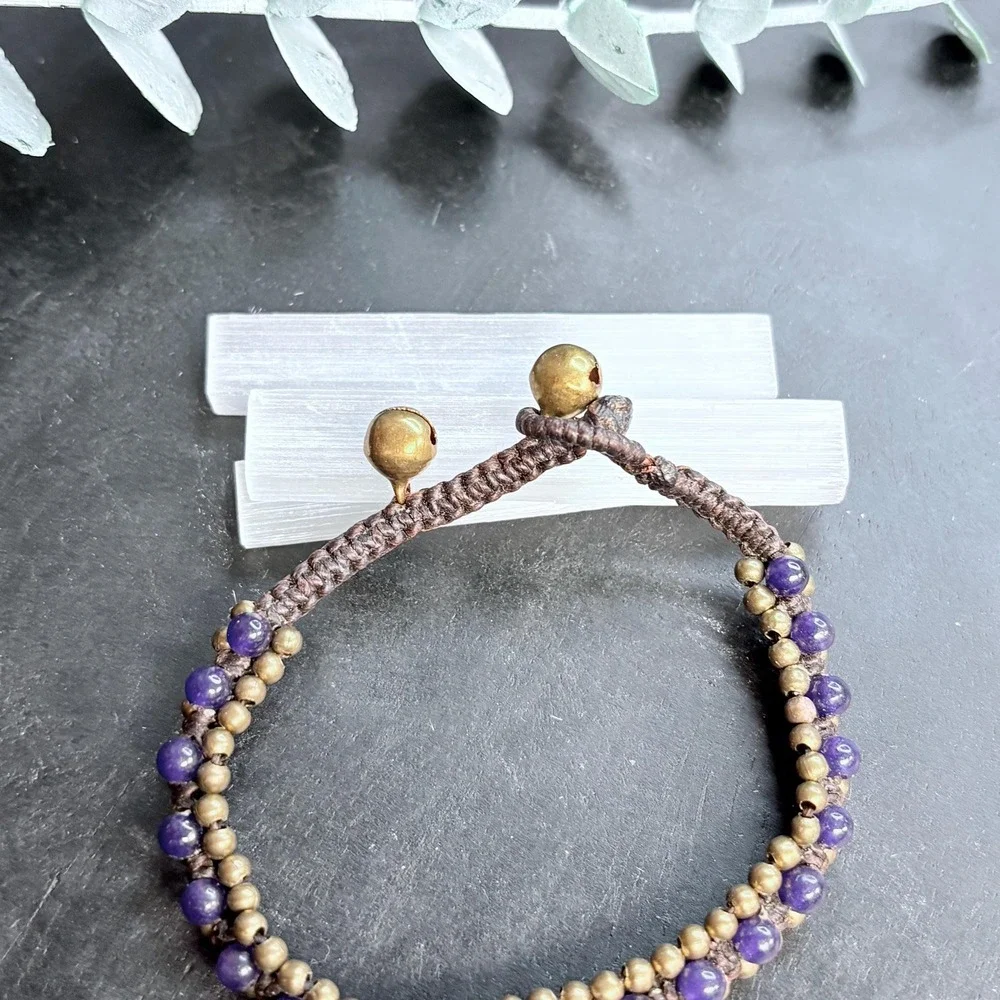 Boho Purple Beaded Bracelet | Brass Bell Beads + Macrame | Toggle | Witchy Charm